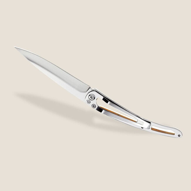 Deejo Tattoo Mirror Folding Knife, Olive Wood, Trout