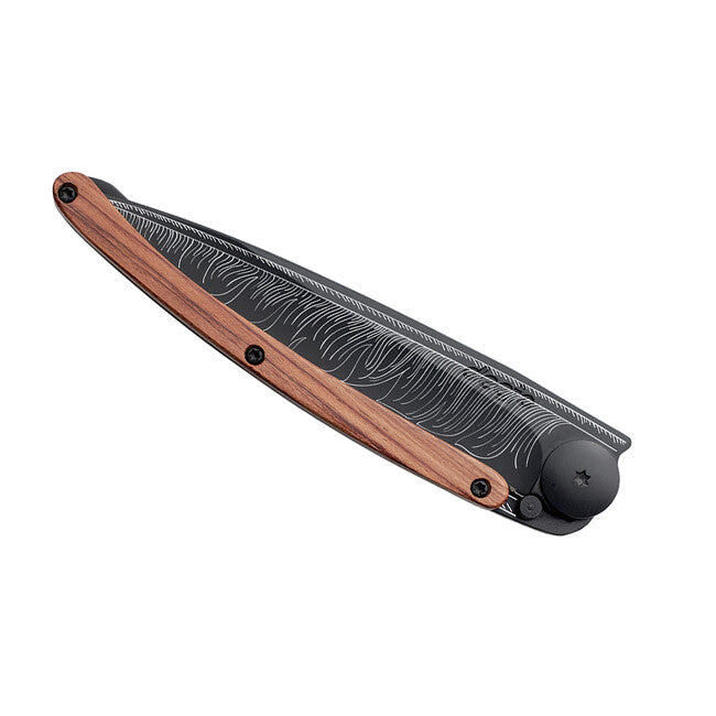 Deejo Feather Folding Knife, Black Tattoo Coralwood