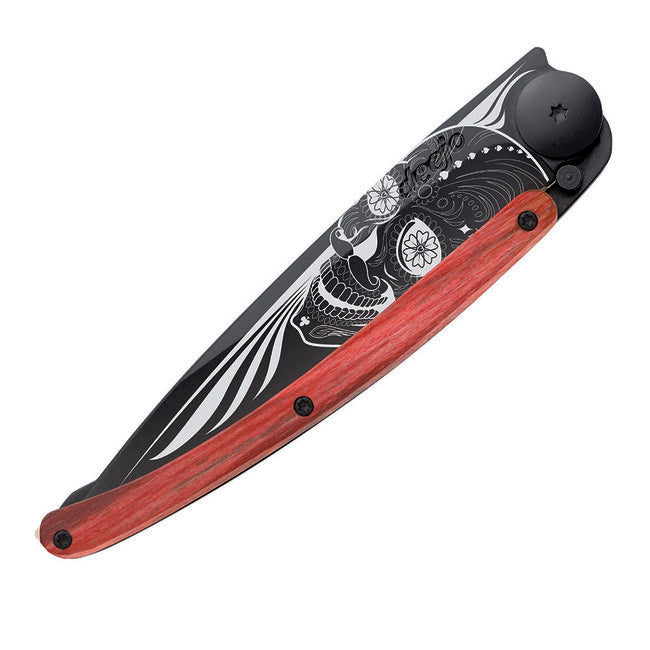 Deejo zatvárací nôž Black tattoo biker red beech Latino lebka