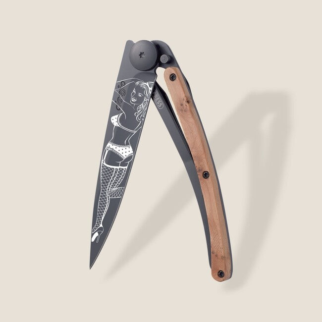 Deejo Tattoo Folding Knife, Black Juniper Wood, Pin Up