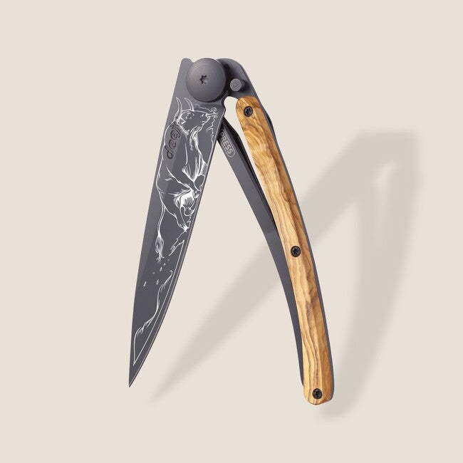 Deejo Tattoo Folding Knife, Black, Olive Wood, Taurus