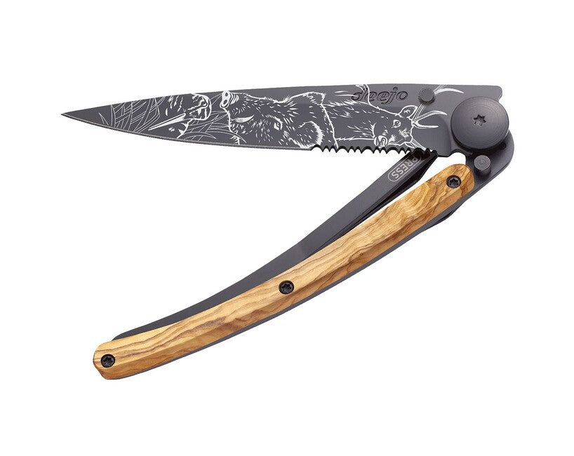 Deejo Tattoo Serration Folding Knife, Olive Wood, Hunting Scene
