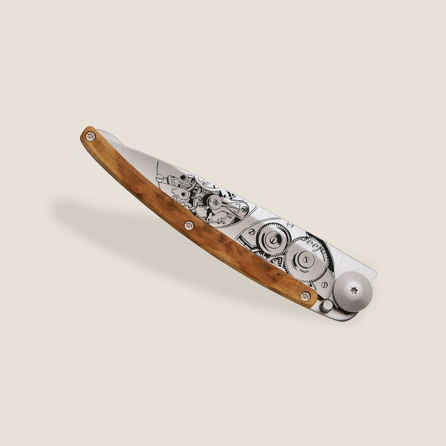 Deejo Horlogéria Folding Knife, Juniper Wood, Grey Titanium