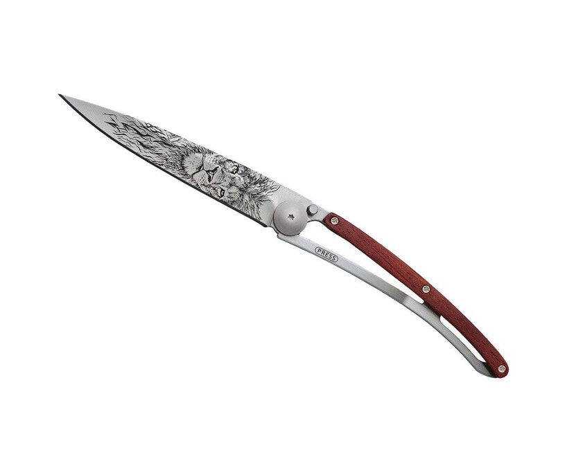 Deejo Tattoo Lion Folding Knife, Coralwood