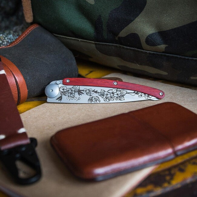 Deejo Tattoo Cherry Blossom Folding Knife, Coralwood