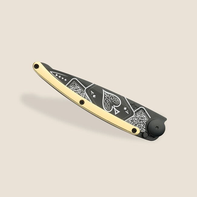 Deejo GOLD Tattoo Folding Knife, 23kt Yellow Gold, Good Luck