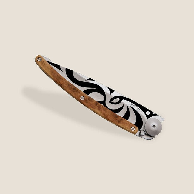 Deejo Tattoo Tribal Folding Knife, Juniper Wood