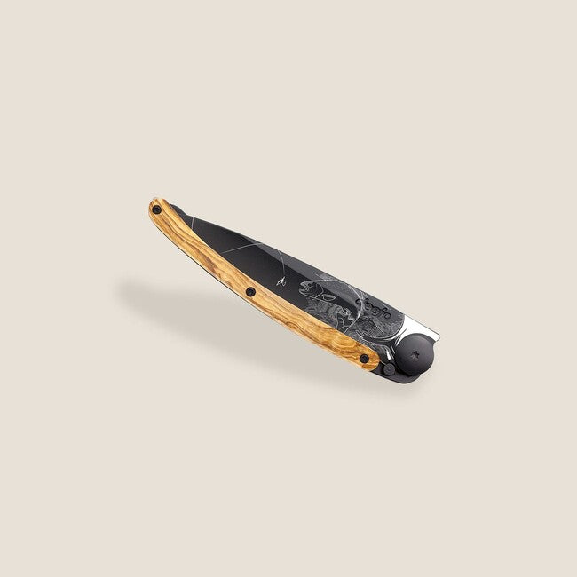 Deejo Tattoo Folding Knife, Black Olive Wood Trout