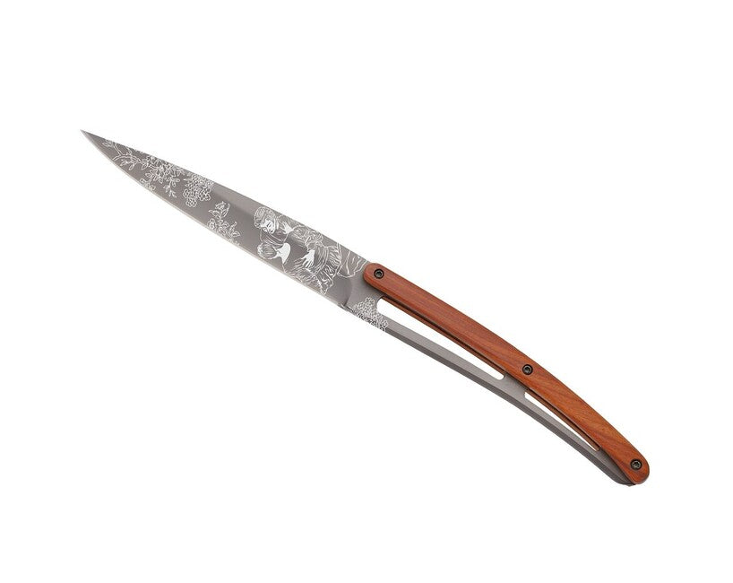 Deejo Tattoo Steak Knives Set, Light Grey Surface, Coralwood, Toile de Jouy