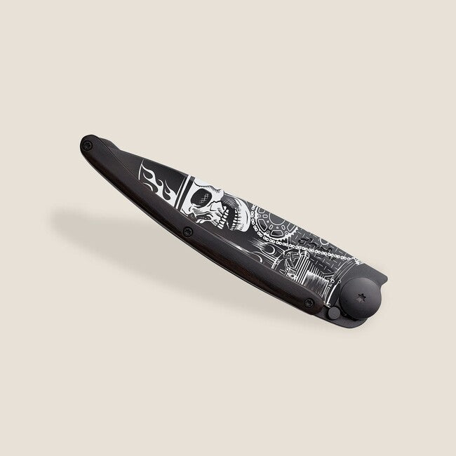 Deejo Black Tattoo Folding Knife, Biker Ebony Wood Ride or Die