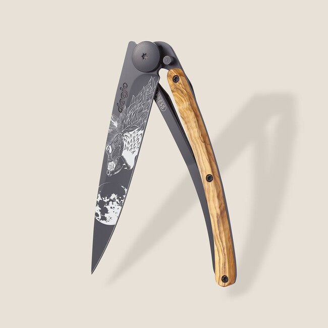 Deejo Black Tattoo Folding Knife, Olive Wood, Howling