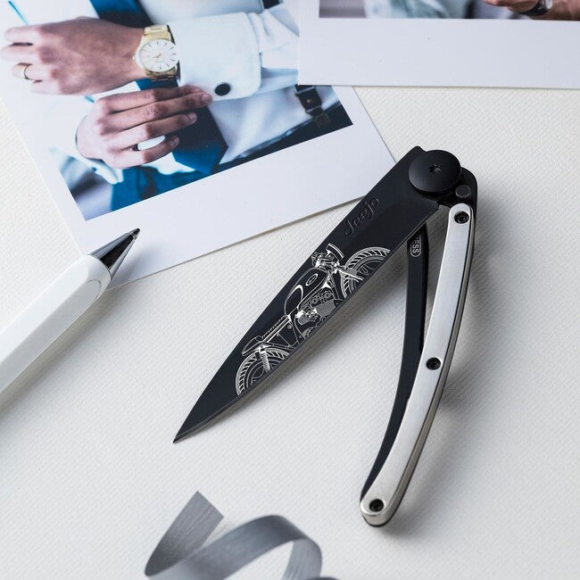 Deejo Folding Knife GOLD Tattoo 9kt White Gold Cafe Racer