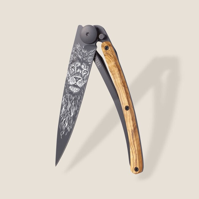 Deejo Tattoo Folding Knife, Black, Olive Wood, Leo