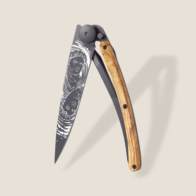 Deejo Tattoo Folding Knife, Black, Olive Wood, Gemini
