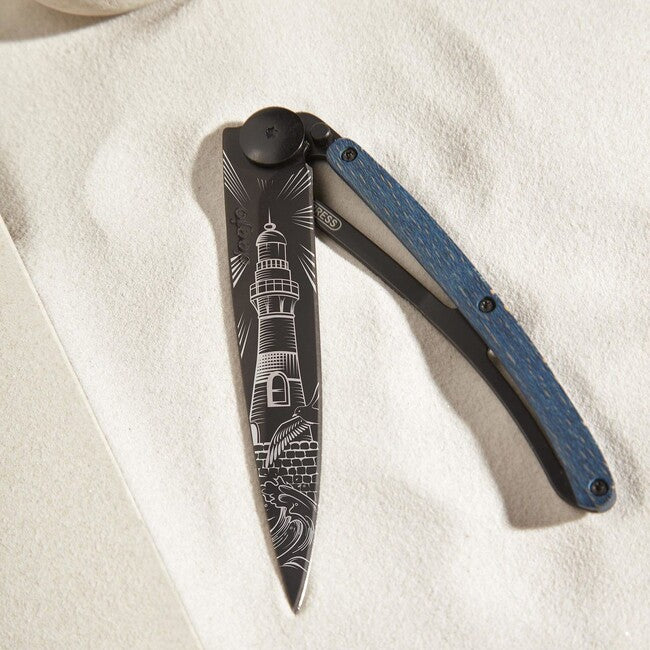 Deejo Tattoo Folding Knife, Black Blue Beech Lighthouse