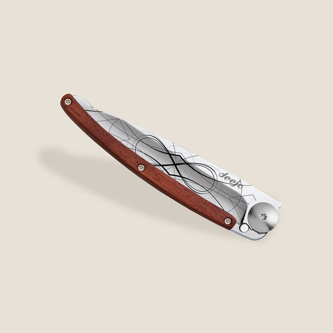 Deejo Tattoo Mirror Folding Knife, Coralwood Infinity
