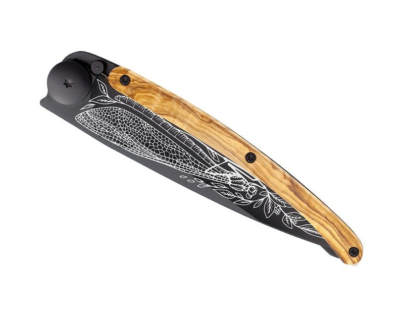 Deejo Tattoo Folding Knife, Black Olive Wood Dragonfly