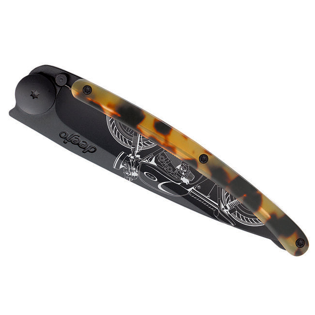 Deejo Tattoo Turtle Folding Knife, Black Turtle Shell Café Racer