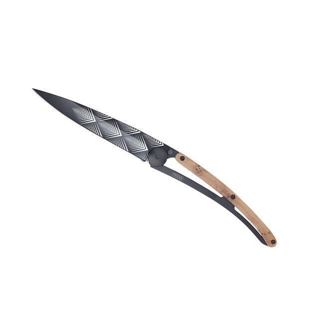 Deejo Black Tattoo Juniper Wood Folding Knife Art Déco