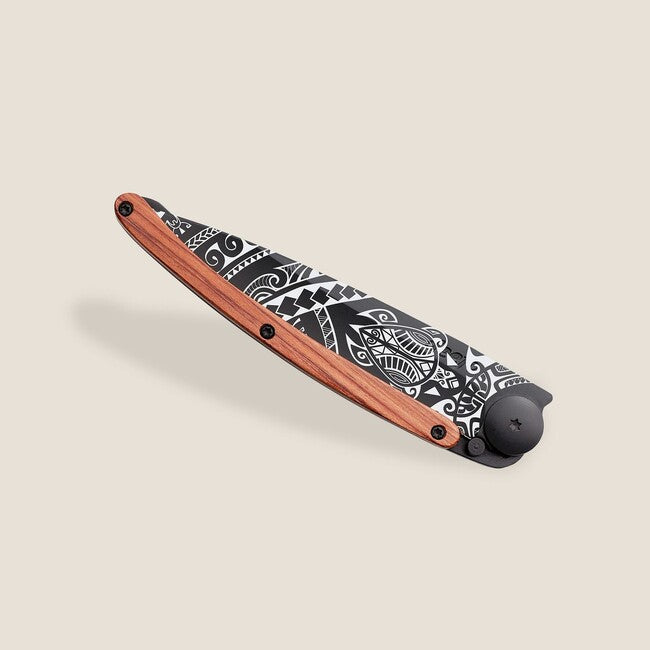Deejo Folding Knife Black Tattoo Coralwood Polynesian