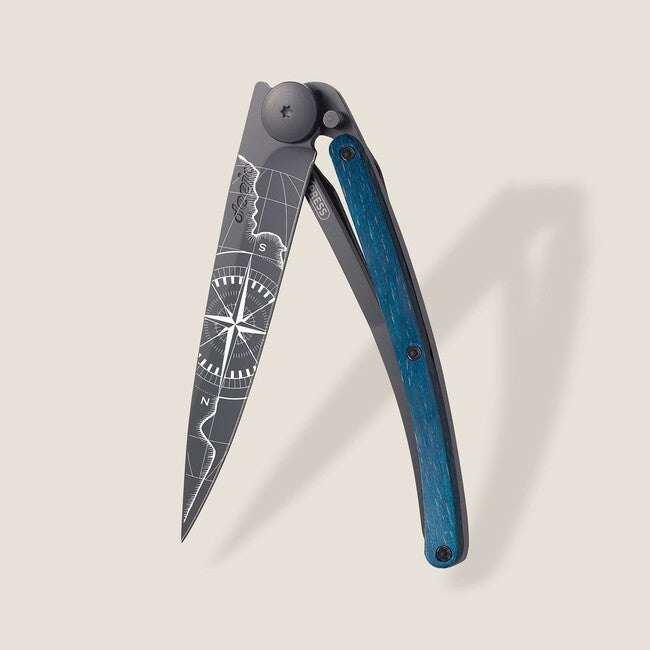 Deejo Tattoo Folding Knife, Black Blue Beech Terra Incognita