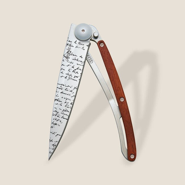 Deejo Tattoo Folding Knife, Coralwood Manuscript