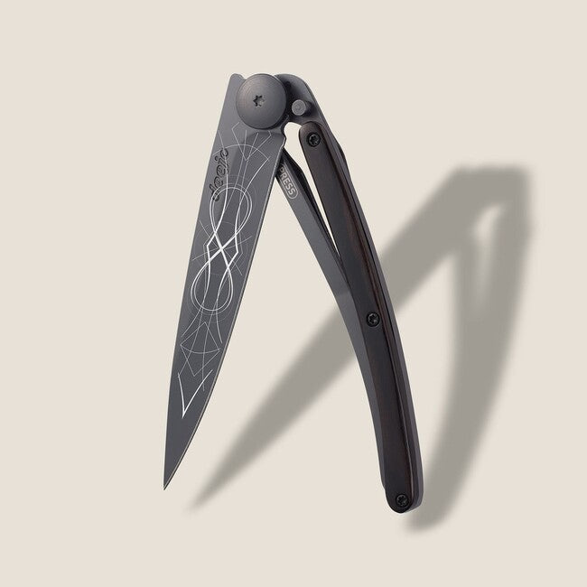 Deejo Tattoo Folding Knife, Black Ebonywood Infinity
