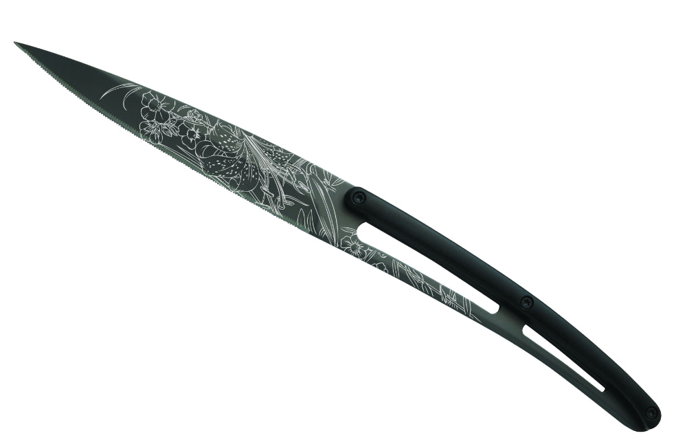 Deejo 6-Piece Steak Knife Set, Black Titan Blade, Serrated Edge, Black ABS Handle, Blossom Design