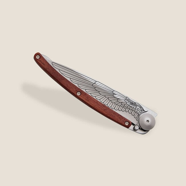 Deejo Tattoo Wing Folding Knife, Coralwood