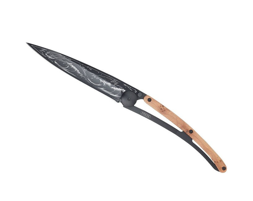 Deejo Wave Folding Knife, Black Juniper Wood, Ocean