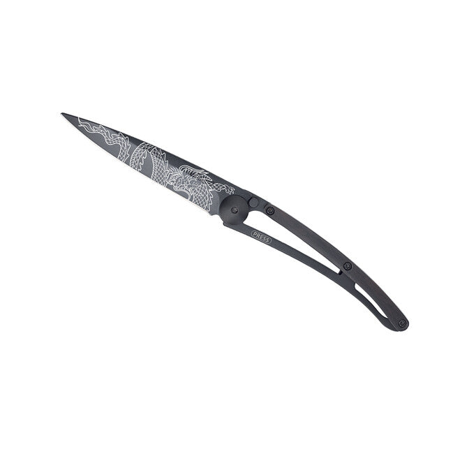 Deejo Black Tattoo Folding Knife, Ebony Wood, Japanese Dragon