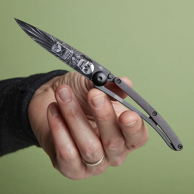 Deejo Tattoo Black Folding Knife, Ebony Wood Immortal