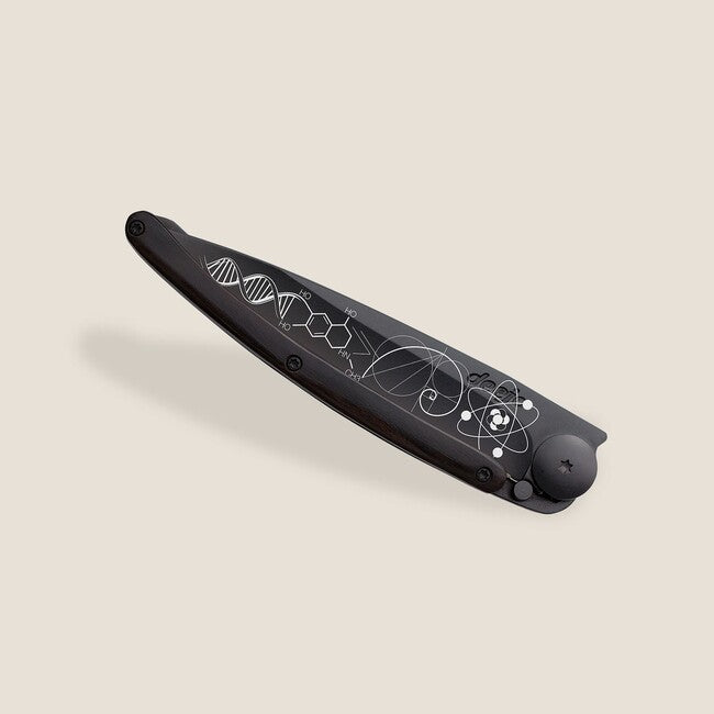 Deejo Tattoo Folding Knife, Black Ebony Wood Science