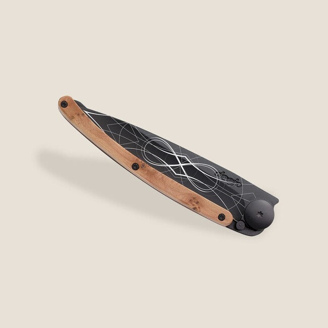 Deejo Tattoo Infinite Folding Knife, Black Exotic Juniper