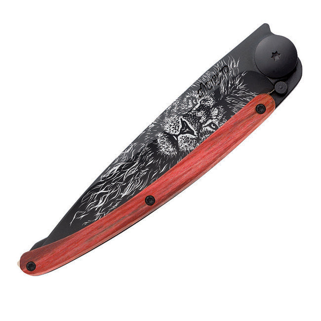 Deejo Black Tattoo Red Beech Folding Knife Lion