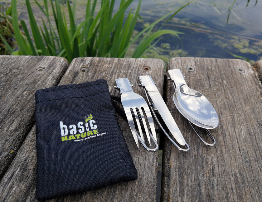 BasicNature MiniTrek Folding Cutlery Set, Stainless Steel with Nylon Pouch