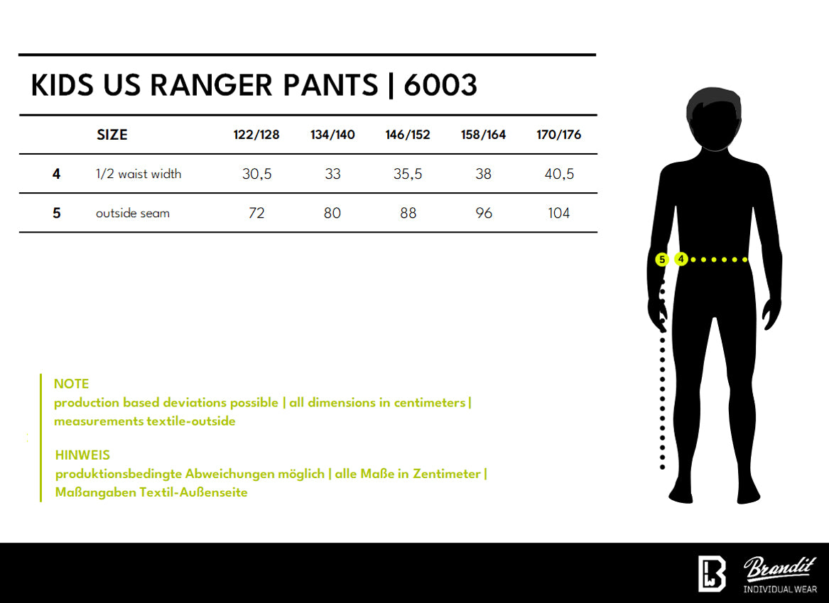 Veľkostná tabuľka Kids US Ranger Pants