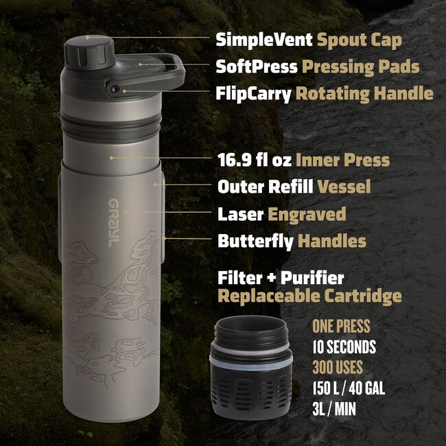 GRAYL Titanium UltraPress™ Purifier Filtration Bottle, Covert Black