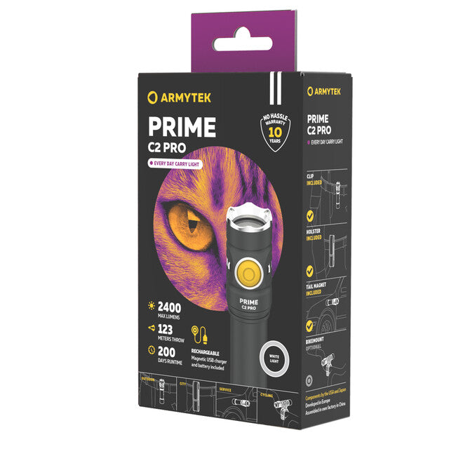 ArmyTek Prime C2 Pro LED Pocket Flashlight, Battery Powered, 2400 lm, 68 g