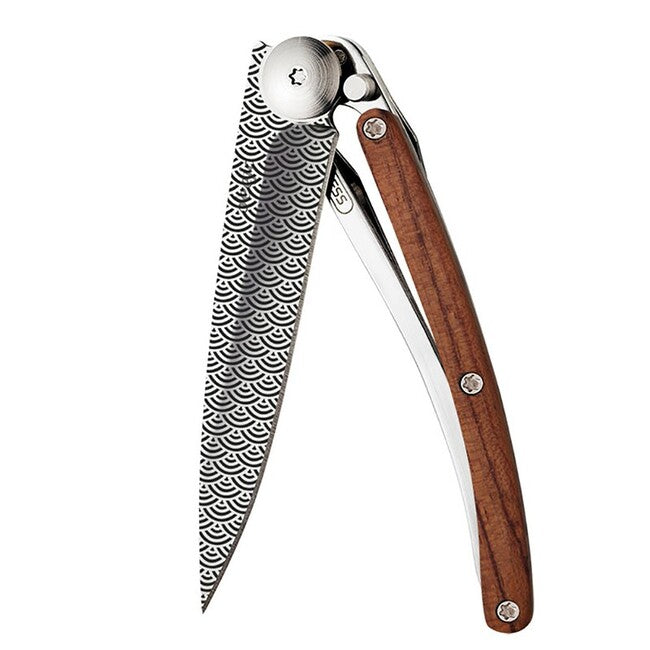 Deejo Tattoo Folding Knife, Coralwood Clouds