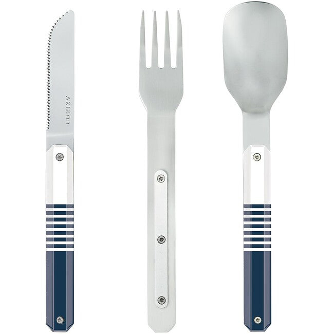 AKINOD Magnetic Travel Cutlery Set, Blue Mariniere-Mirror Finish