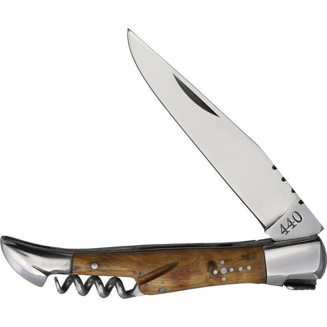 Baladeo DUB1045 Pocket Knife with Corkscrew, 11cm Blade, 440 Steel, Olive Wood Handle