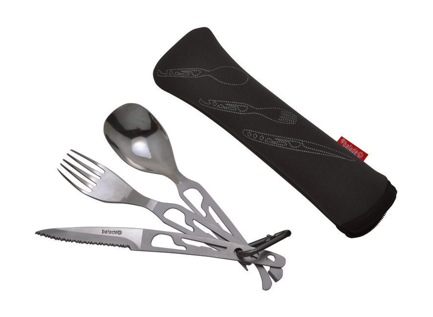 Baladeo ECO112 Basecamp Travel Cutlery Set Stainless Steel, Black Neoprene Case