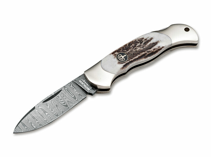 Boker Pocket Knife Junior Scout Spearpoint 7 cm, Damascus, Horn