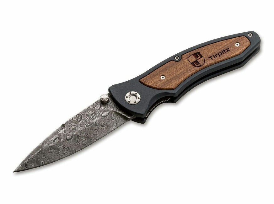 Böker Tirpitz-Damascus Pocket Knife 9.9 cm, Damascus Steel, Aluminum, Walnut