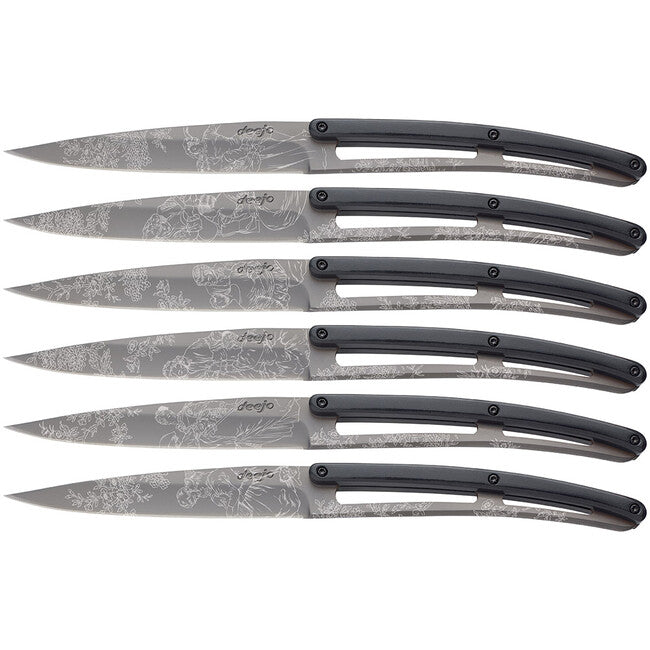 Deejo Set of 6 Knives, Grey Titanium Blade, ABS Handle, Toile de Jouy Design