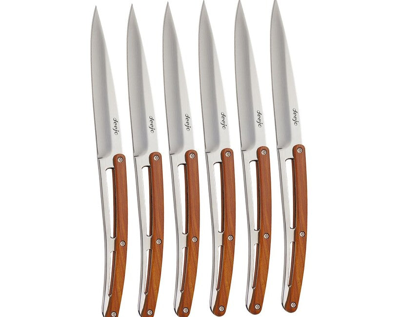 Deejo Set of 6 Knives Shiny Blade Coralwood