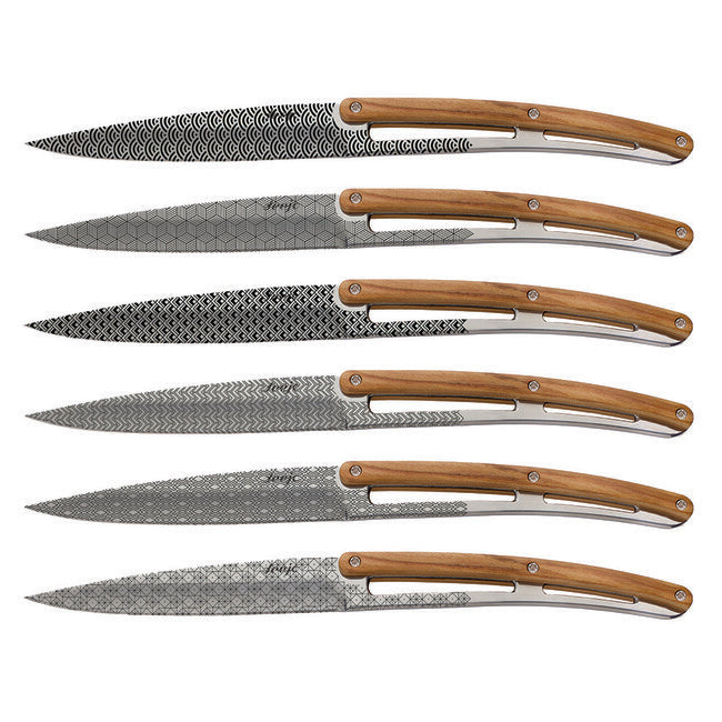 Deejo 6 Knife Set Polished Blade Olive Wood Geometry Design