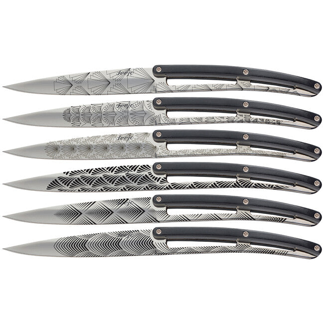 Deejo Set of 6 Knives Polished Blade Black ABS Handle Art Deco Design