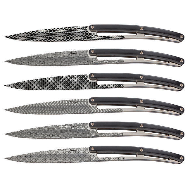 Deejo Set of 6 Knives Polished Blade Black ABS Handle Geometry Design